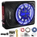 2025 Upgraded 10" 1200W Slim Under Seat Powered Car Subwoofer, Car/Truck Sub Built in Amplifier for Outstanding Heat Dissipation, Powerful bass and Blue LED (Blue Light)