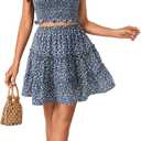 LYANER Women's 2 Piece Outfits Summer Flora Print Smocked Cami Crop Top and Mini Skirt Set for Vacation