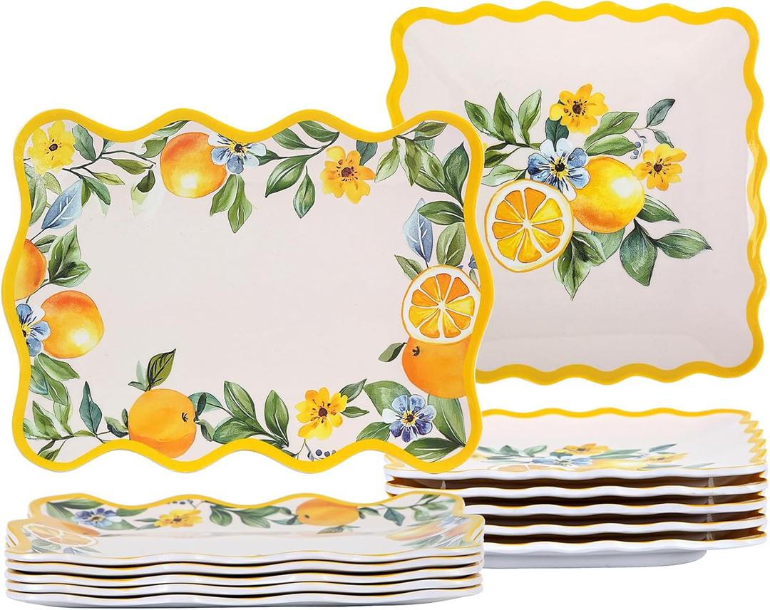 6.6 Inch Square Plates & 8.8 Inch Rectangle Plates, Melamine Dinnerware Set for RV, Camping, Outdoor, Lemon Design, 12 Pcs, Lightweight & Durable
