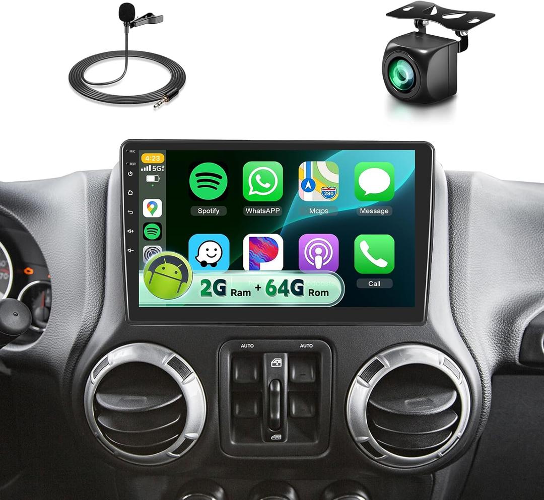 for Jeep Wrangler Car Radio Stereo 2007-2018 Dodge Ram 1500 2500 3500 Grand Cherokee with DSP Wireless Carplay Android Auto,10" HD IPS Touchscreen Radio GPS WiFi Bluetooth FM SWC 2G+64G