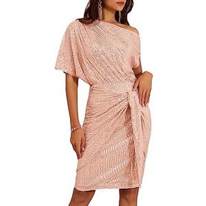 GRACE KARIN Cocktail Dresses for Evening Party One Shoulder Ruched Sequin Dresses Rose Gold XL