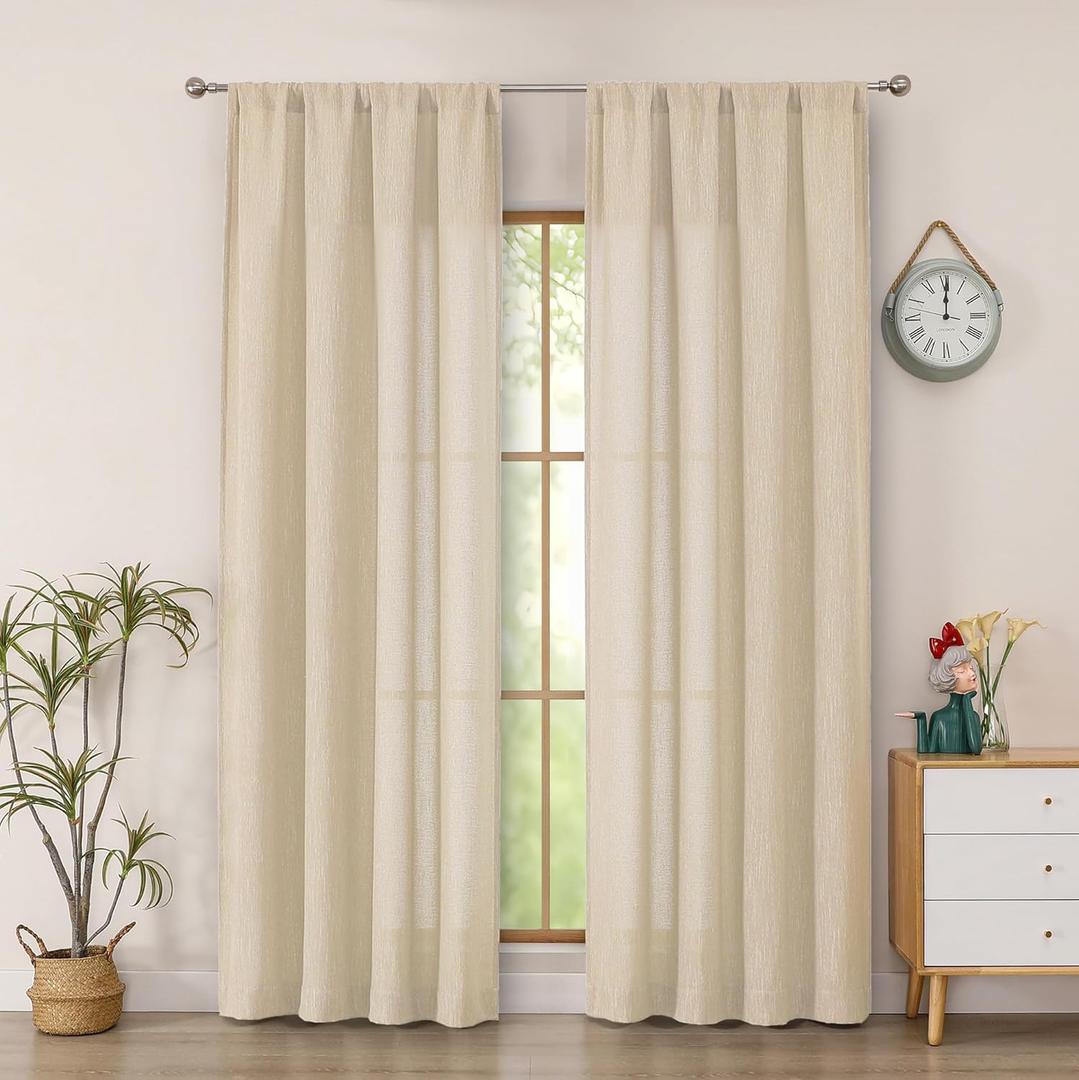 Simplebrand Natural Faux Linen Textured Semi Sheer Curtains 72 Inches Long 2 Panels Set, Light Filtering Privacy Farmhouse Curtains, Soft Window Drapes Rod Pocket Top for French Door, 40W x 72L