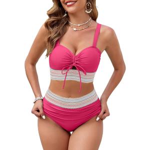 Women's High Waisted Bikini Sets Swimsuits Color Block Two Piece Bathing Suit Cute Drawstring Bikinis (S)
