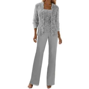 Senunlia 3 Pieces Chiffon Lace Mother of The Bride Pant Suits with Jackets Sequins Wedding Guest Dresses for Women Size 16, Silver