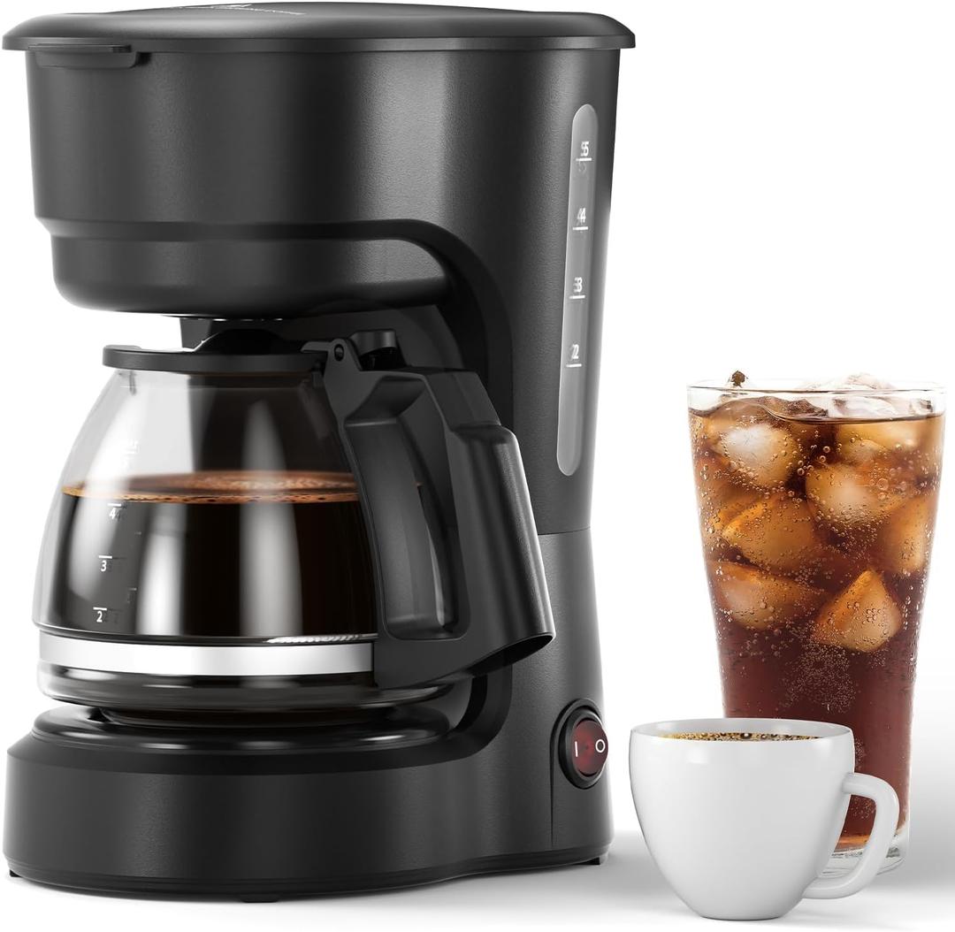 Compact 5-Cup Coffee Maker: Featuring Brew-Pause Technology, a Permanent Filter, and Simple One-Touch Operation. Enjoy Auto Keep-Warm Coffee, Perfect for Home/Office/Outside-Black.