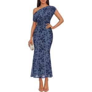 ZESICA Women's Off Shoulder Floral Formal Cocktail Wedding Guest Long Dress (Blue, M)