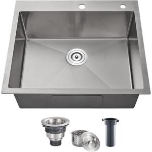 POPFLY 2522 Inch Drop in Kitchen Sink, Top mount Stainless Steel Single Bowl Sink, 18 Gauge Hand-made Overmount 9 Inch Deep Sink, Brushed