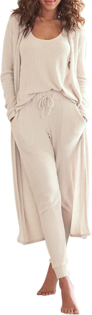 Eurivicy Womens Lounge Set Waffle Knit 3 Piece Pajama Sets Tank Tops Loose Pants with Long Cardigan Loungewear 2025 (Large, Beige)