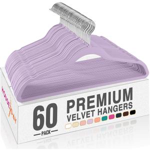 HOUSE DAY Lt-Purple Velvet Hangers 60 Pack, Non Slip Clothes Felt Hanger Heavy Duty for Coat, Premium Slim Space Saving Suit Hangers for Closet Organizer, 360 Rotating Silver Hook