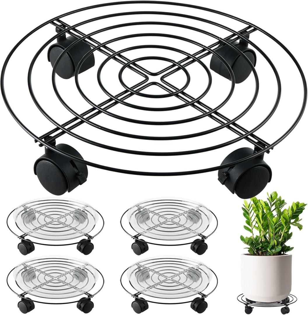 5 Packs 15.8 Inches Metal Plant Caddy with Wheels Extra-large Rolling Plant Stands Heavy-duty Wrought Iron Plant Roller Base Pot Movers Indoor Outdoor Plant Dolly with Casters Planter Tray Coaster (Black)