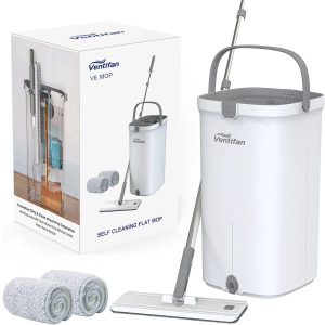 Ventifan Flat Mop and Bucket Set, Separates Dirty and Clean Water, Self Cleaning Flat Mops for Floor Cleaning,Wet and Dry Use Flat Mop and Bucket System
