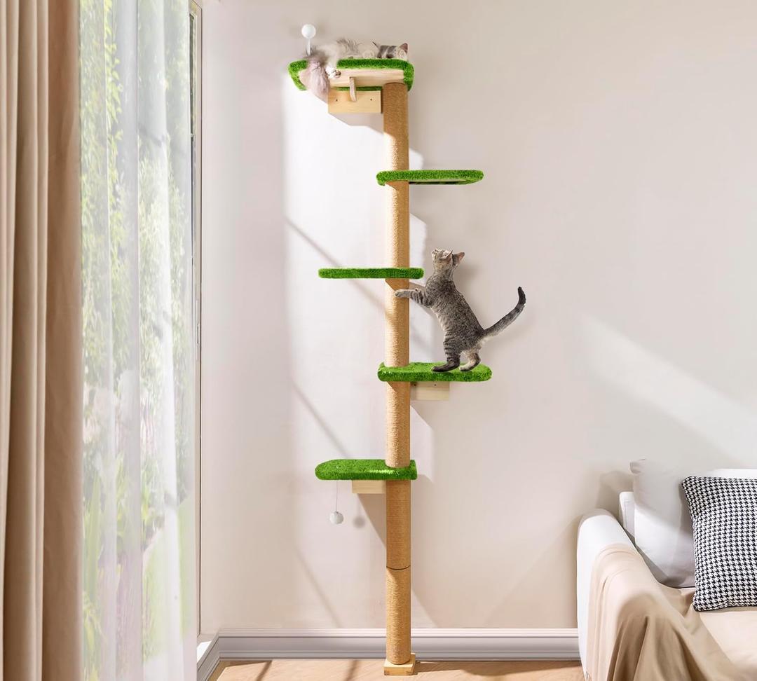 Floor to Ceiling Cat Tree for Kittens, Wall Mounted Cat Wall Furniture with Green Plush Pads, 5 Platform Wild Simulation Climbing Tower, Adjustable Height (83Inch)