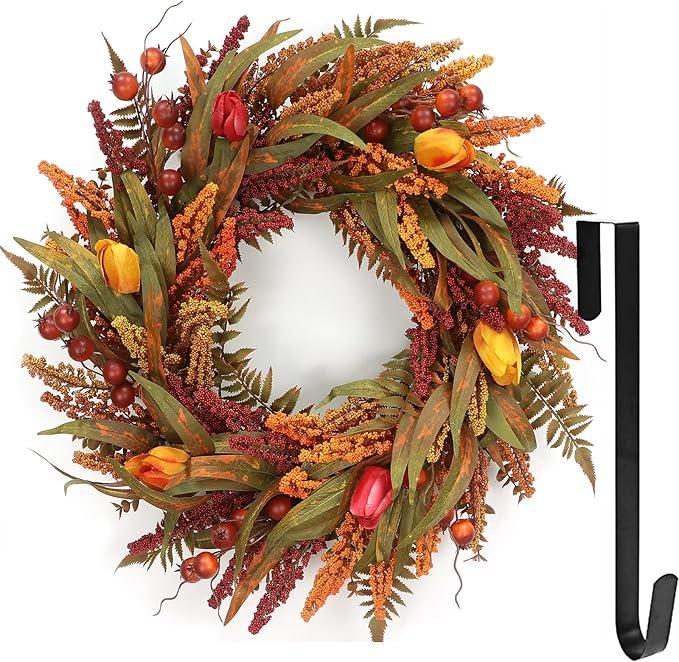 24’’ Fall Wreath - Fall Wreaths for Front Door with Foliage, Berry Cattails and Flowers for Outdoors, Indoor Walls, Windows, Holidays, Thanksgiving,Harvest Wreaths Fall Decorations