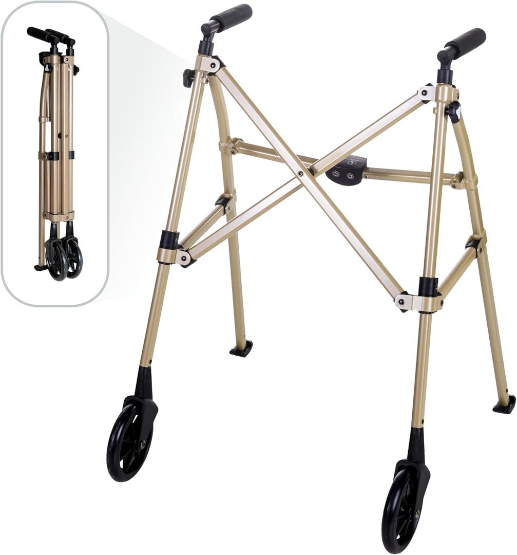Stander Space Saver Walker, Lightweight Folding Rolling Mobility Aid for Seniors & Adults, Compact 2-Wheel Disability Device with 6-inch Wheels & Ski Glides for Walking Support, Desert Sand