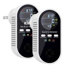 2 Packs Combination Gas & Carbon Monoxide Detectors Plug in, 5-in-1 Natural Gas Detector & Carbon Monoxide Alarm with Temperature (°F) and Humidity, CO Detector with Built-in 9v Battery for Home, RV