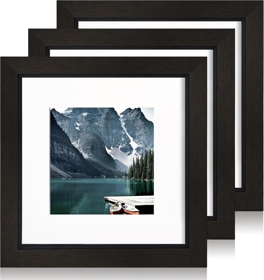 6x6 Black Picture Frames set of 3, Made of Wooden and Real Glass Square Photo frame - Displays 4x4 Picture With Mat or 6 x 6 Without Mat, Desktop & Wall Collage Frame set