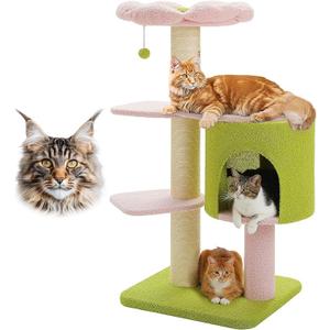 MUTTROS 50" Pink Flower Cat Tree for Large Heavy Cats, Maine Coon Cat Tower with Extra Thick Scratching Posts (φ4.3in), Spacious Cat Condo for Big Cats 20 lbs, Soft Top Bed-Green