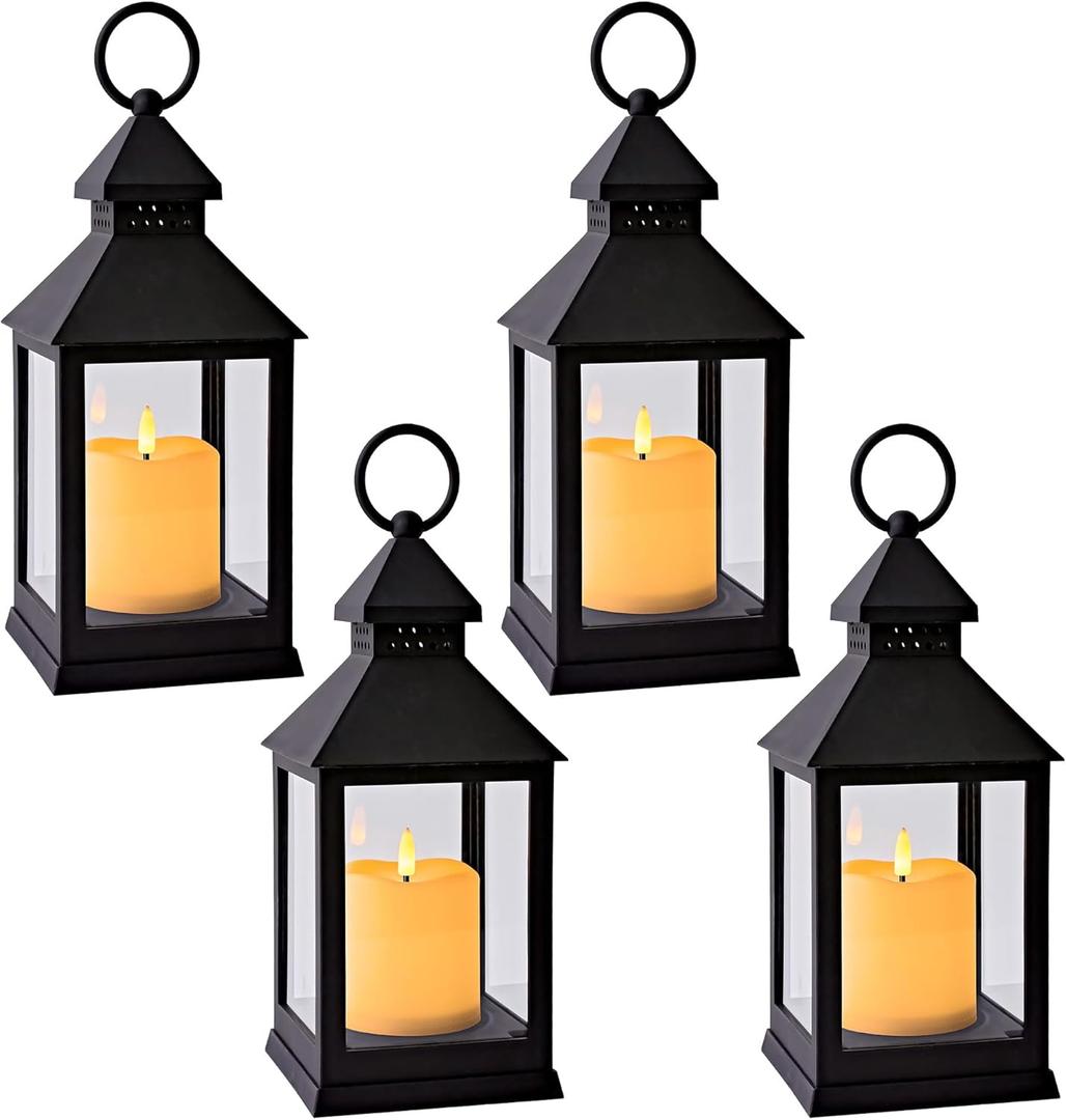 Vintage Lantern Decorative LED Flickering Flameless Candle with Timer, Battery Powered LED Decorative Hanging Lanterns for Indoor Outdoor Garden Yard Home Decor(4 Pack) (4Pack, Black)