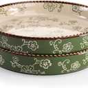 AVLA 2 Pack Ceramic Pie Pan, 9 Inch Round Baking Dish with Double Handle, 28 Ounce Deep Quiche Plate for Kitchen, Cooking, Roasting Lasagna (Sakura, Green)