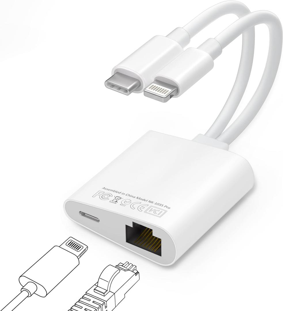 USB C to Ethernet Adapter,Apple MFi Certified Lightning to 10/100 Gigabit Ethernet Internet Adapter, 2 in 1 RJ45 LAN Network Dongle with PD Charging Prot for iPhone iPad Samsung Android MacBook Laptop