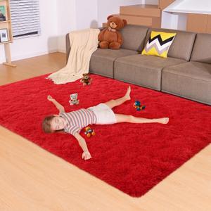5x7 Red Rug for Living Room Bedroom, Fluffy Large Area Rug Soft Shag Non-Slip Carpet for Kids Boys and Girls Room Dorm Home Decor (5ft x7ft)