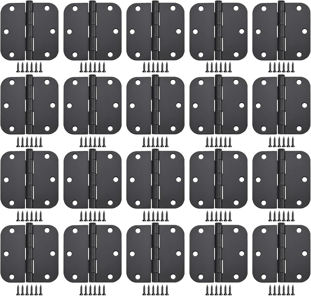 Matte Black Door Hinges 20 Pack 3x3 Inch Interior Door Hinges for Doors Rounded 5/8" Radius Corners Iron Hinge Door Round Hinge Hardware