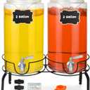 2 Gallon Beverage Dispenser 2 Pack, Stainless Steel Spigot Drink Dispenser for Parties with Stand, Clear Glass Drink Container Easy to Refill and Clean