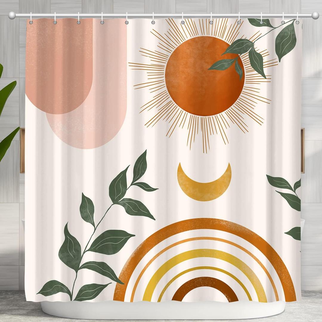 Mid Century Abstract Boho Orange Aesthetic Shower Curtain Set, Spring Summer Pink Green Nature Leaf Sun Modern Minimalist Home Bathroom Curtain Decor with 12 Hooks 72x72 Inches (72"W x 72"L (Pack of 1))