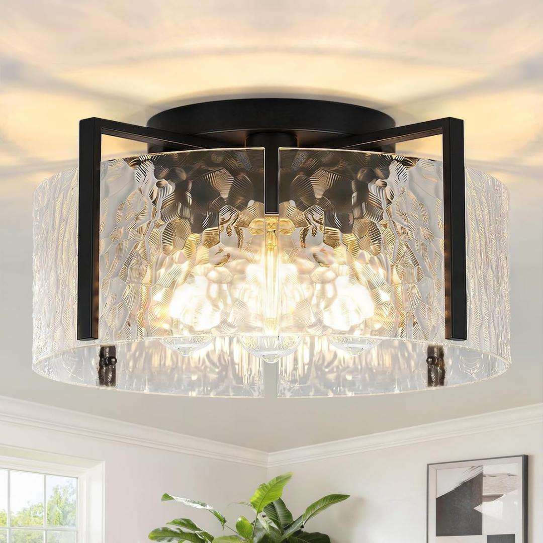 16" Black Semi-Flush Mount Ceiling Light, 4-Light Modern Hammered Glass Drum Fixture, Dimmable E26 Socket, Indoor Lighting for Bedroom Hallway Entryway Kitchen Foyer Living Room Laundry Decor