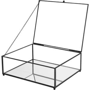 Large Glass Boxes for Display Handmade, Mirrored Bottom, Glass Jewelry Trinket Box with Lid, for Book Photo Keepsake Organizer Display Case for Vanity Decor Home, 10.4"L x 8.5"W x 3.7"H, Black