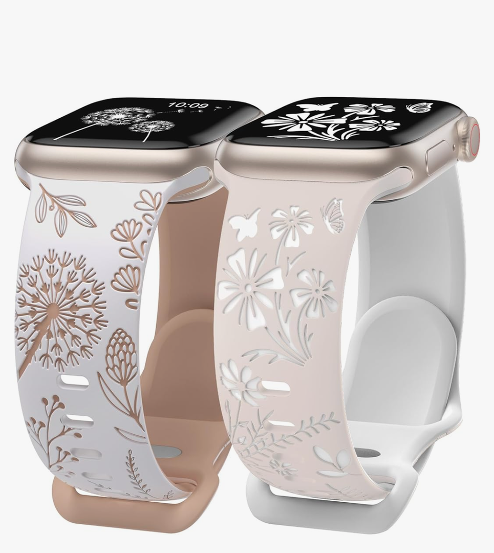 Wearlizer 2 Packs Floral Engraved Compatible with Apple Watch Bands 42/41/40/38mm Women, Cute TwoTone Flower Soft Silicone Strap for iWatch Series 11 10 9 8 7 6 5 4 3 SE/Ultra 3 2 1Variation 3