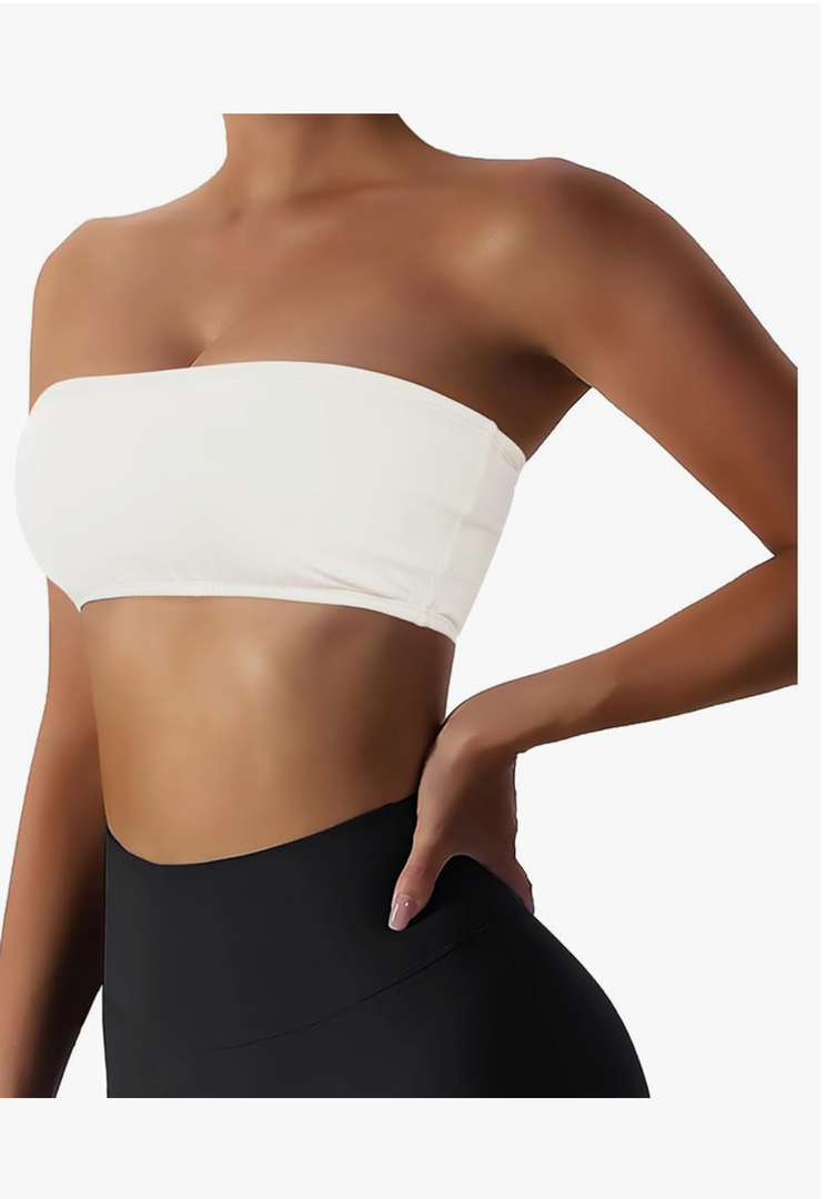 Women’s Padded Bandeau Sports Tube Top Bra Strapless Wireless Solid Seamless Yoga Workout Bralette, Smallm White 
