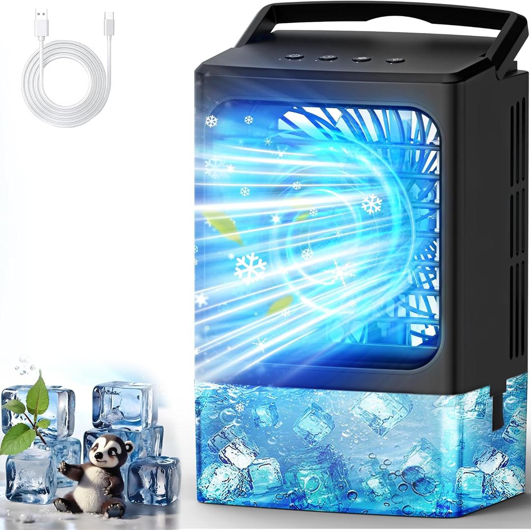 Mini Air Conditioner, Portable Air Conditioners, Evaporative Air Cooler Humidifier, 3 Speed Quiet Personal Cooling Fan, 7-Color LED Night Light, 4/8H Timer for Bedroom, Office, Camping, Room, Home