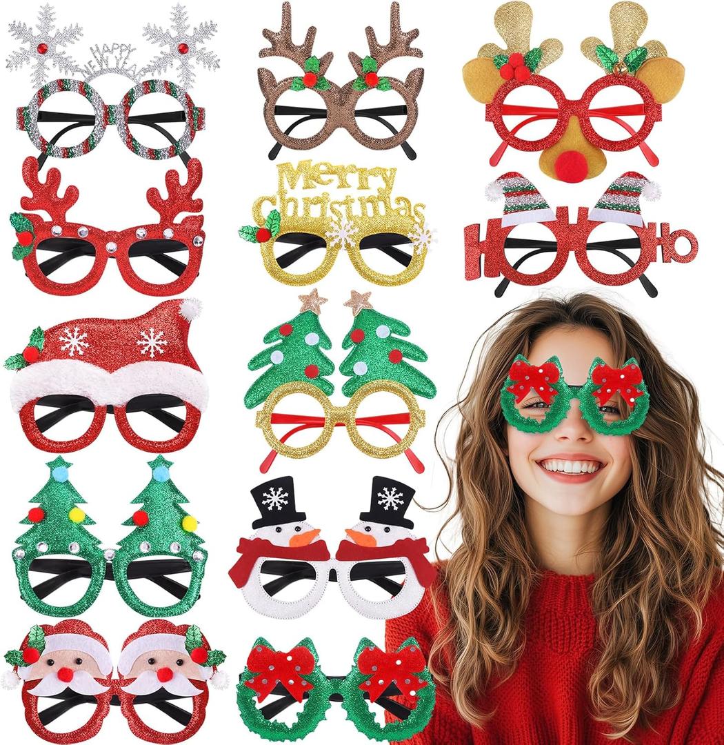 12Pcs Christmas Glasses Glitter Party Decorations Glasses Frames Cute Christmas Photo Props