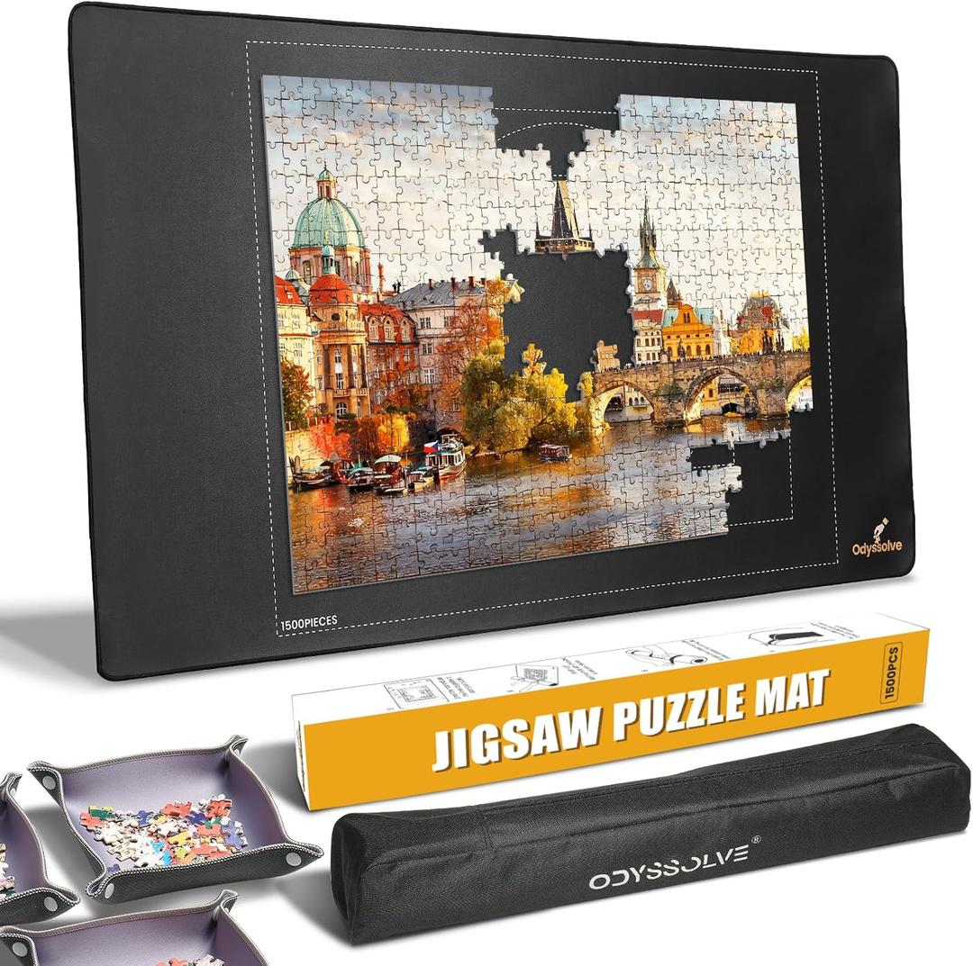 Jigsaw Puzzle Mat Roll Up 1500 Pieces Saver Pad 46" x 26" with 3 Sorting Trays & Travel Storage Bag Portable Non-Slip Rubber Bottom (Medium, Black)