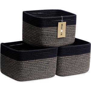 Small Organizing Baskets for Cubes Shelf, 9.7x9.7x7.1 Inch Rope Woven Storage Bins for Nursery Shelves Storage, Cute Toy Basket, Square 3 Packs Black Brown