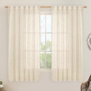 LAMIT Faux Linen Curtains 63 inches Long for Bedroom, Back Tab and Rod Pocket Linen Drapes Light Filtering Sheer Window Curtains for Living Room, Set of 2 Panels (52 x 63 Inch, Beige)