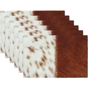 Cow Print Placemats Set of 6 Brown Cowhide Western Style Place Mats Rustic Animal Skin Farmhouse Rectangle Table Mat Linen Washable Placemat for Party Kitchen Dining Decor 12x18 Inch