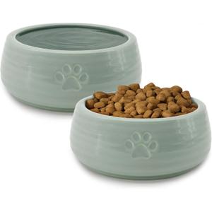 Ceramic Dog Bowls Set of 2, 6.3" Round x 2.4"-Tall Pet Bowls, Cute Food and Water Puppy Bowl, Cat Dish Protect Cervical Spine, for Small Medium Dogs and Cats, Green