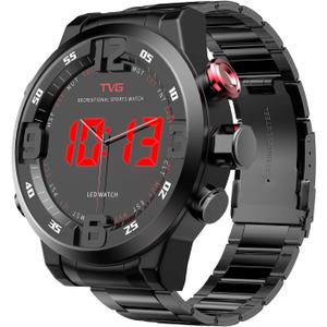 Men's Stainless Steel Watch, Fashion Business Design, Big Face Black Dual Movement, 3ATM Waterproof, with Date, Day, Alarm, LED Display
