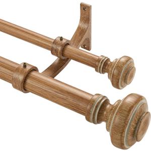 Wood Double Curtain Rod for Windows 72 to 144 Inches, Adjustable Heavy Duty Dual Drapery Rods, Farmhouse Collection Decorative Design with Porch Doorknob Finials,Brown Wood Grain