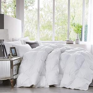 Luxurious Goose Down Feather Fiber Comforter King Size All-Season Duvet Insert, Premium Baffle Box, 100% Egyptian Cotton Cover, 75 oz Fluffy Fill Weight - White Pinch Pleat