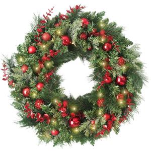 24 Inch Christmas Wreaths, Christmas Wreaths for Front Door with Balls Ornaments, Eucalyptus and Battery Operated LED Lights, Large Artificial Xmas Wreath with Timer for Outdoor Holiday Decor