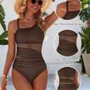 Womens Mesh One Piece Swimsuits Ruched Tummy Control Bathing Suit Modest Full Coverage Slimming Swim Suit (Brown, L)