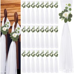 24 Set Large Wedding Hydrangea/Gardenia Flowers with Long Tulle Tails, 31.5inch Church Chair Aisle Wedding Pew Decoration for Bridal Shower Reception Birthday Anniversary (Gardenia)