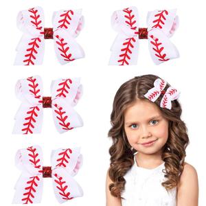 TIESOME 4Pcs Baseball Bow Hair Clips, 4‘’ Baseball Bow Cheer Clip Red White Ribbon Softball Cheer Hair Accessories for Women