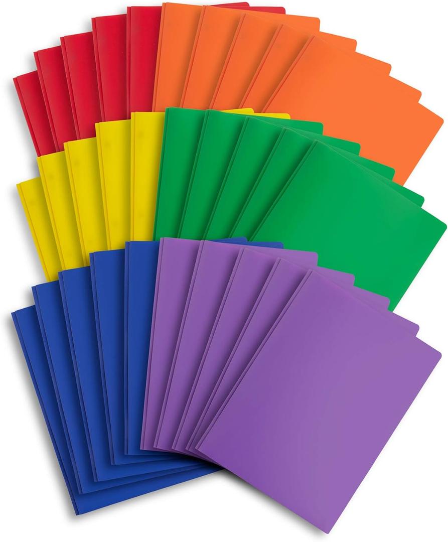 Blue Summit Supplies 30 Plastic Two Pocket Folders with Prongs, Assorted Color, Durable Poly 2 Pocket Folders with Clasps, Letter Size, Bulk 30 Pack