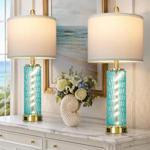 28" Coastal Glass Table Lamps Set of 2, Bedside Lamps with Night Light & USB A+C Ports, Blue Nautical Nightstand Lamps for Bedroom Living Room (LED Bulbs Included)