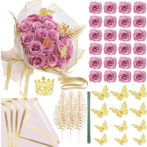 SEMONONIA Glitter Roses Bouquet DIY Pink Roses Artificial Flowers Bouquets, 24 Pack Fake Shiny Flowers with Stems Eternal Floral for Elegance Wedding Bouquet Anniversary Birthday Love Gift