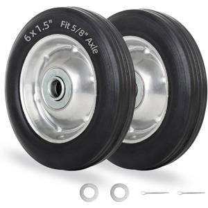6" Flat Free Solid Rubber Tire and Wheel, with Ball Bearings and 5/8 Axle Bore Hole, 1.3" Centered Hub, 2 Pack
